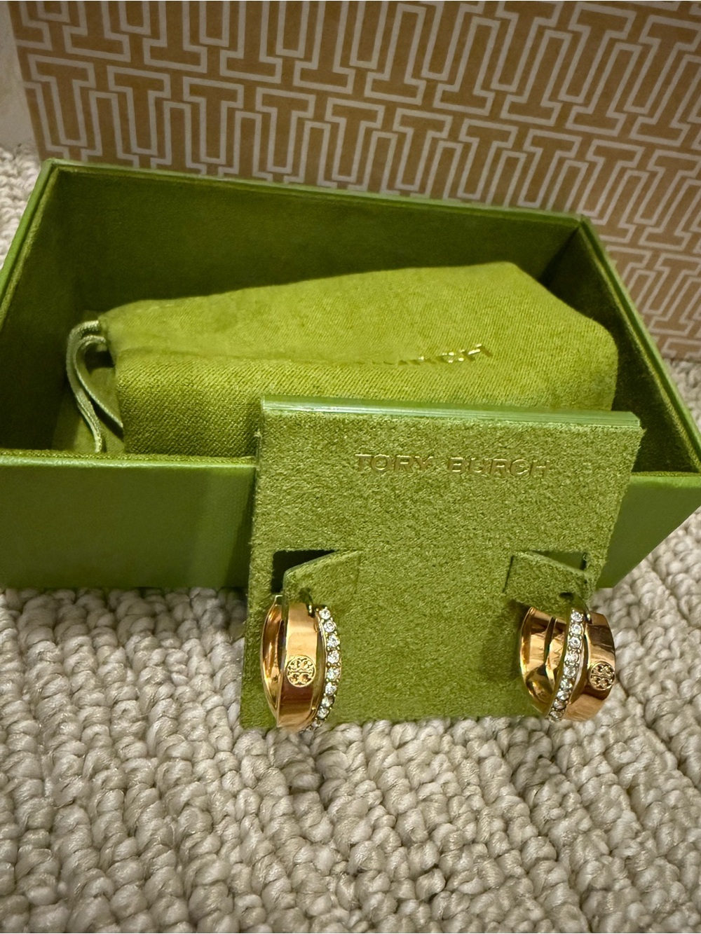 New in Box! Tory Burch Gold Crystal-Embellished Hoop Earrings - Picture 5 of 6